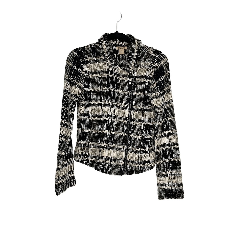 Lucky Brand Moto Jacket Womens M Black Gray Plaid Knit Full Zip